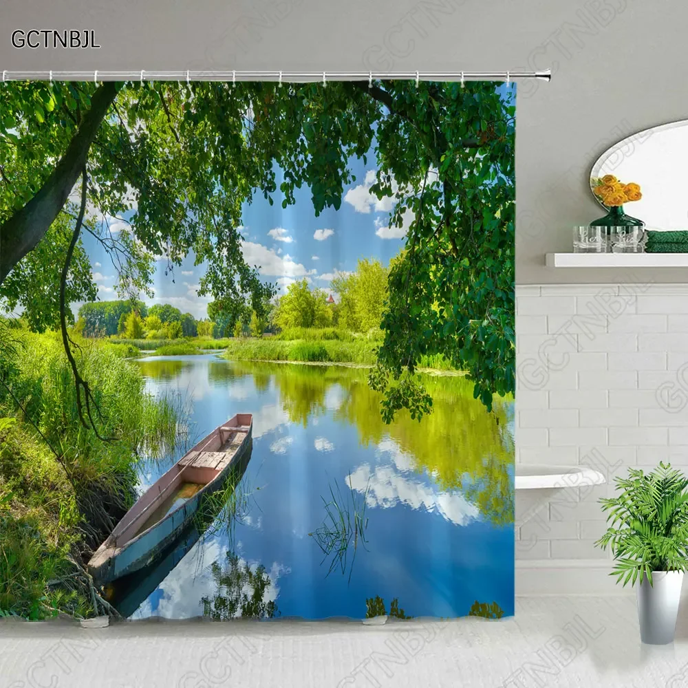 Forest Landscape Shower Curtains With Hooks