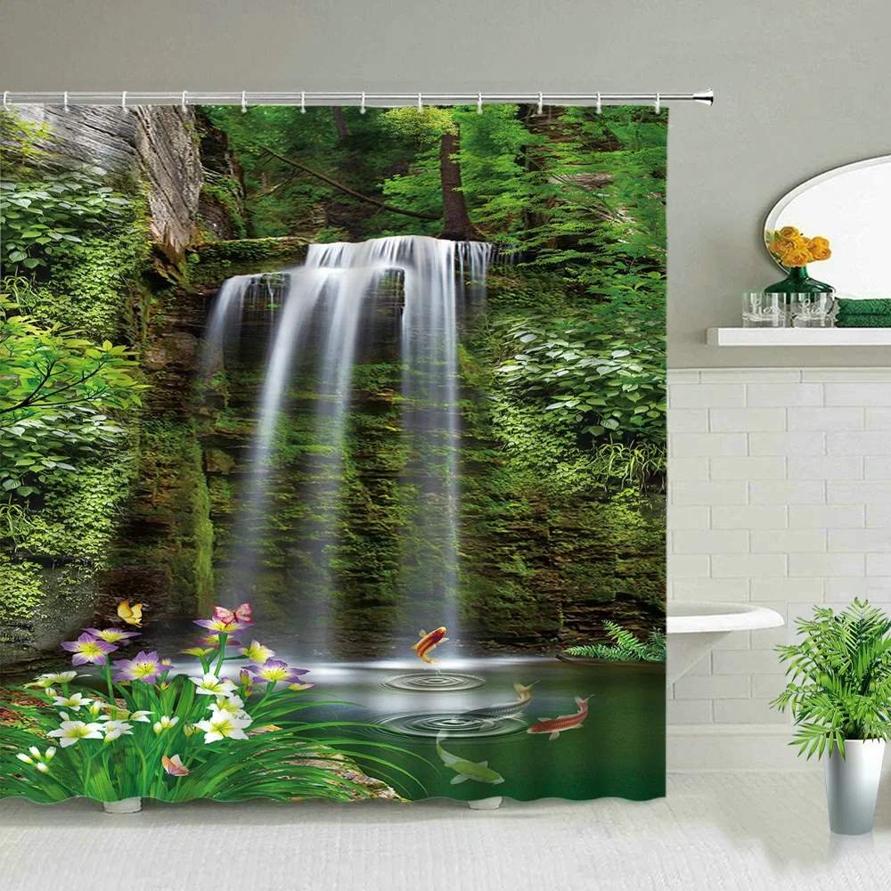 Forest Landscape Shower Curtains With Hooks