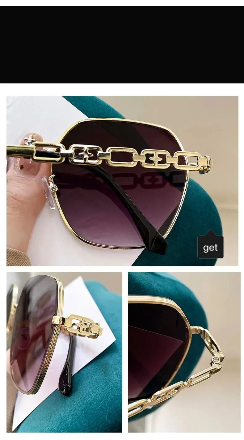 2024 New Polygon Metal Large Frame Small Fragrant Wind Sunglasses Plain Thin Sunshade Sunglasses