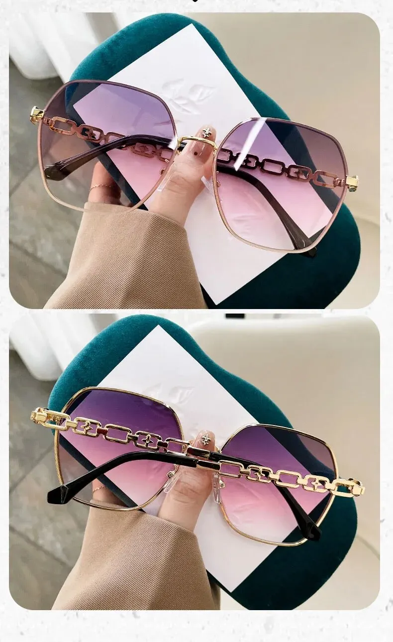 2024 New Polygon Metal Large Frame Small Fragrant Wind Sunglasses Plain Thin Sunshade Sunglasses