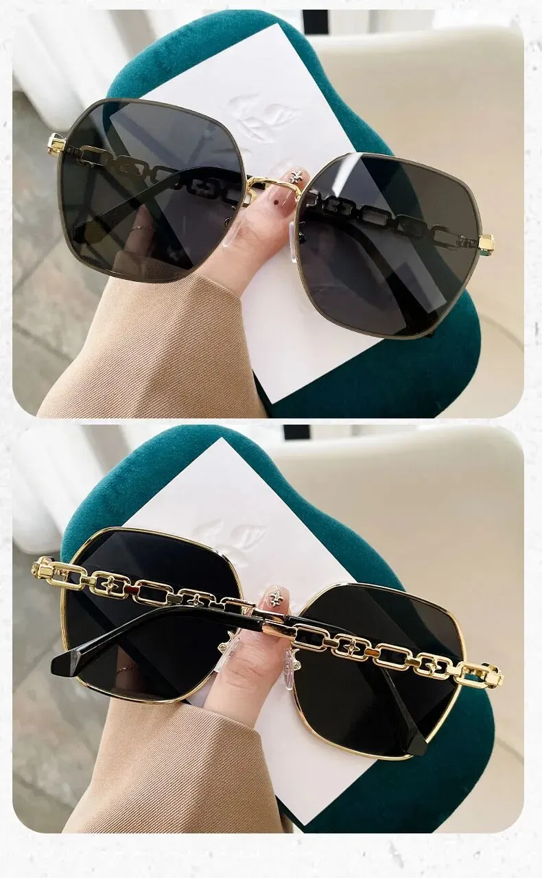 2024 New Polygon Metal Large Frame Small Fragrant Wind Sunglasses Plain Thin Sunshade Sunglasses