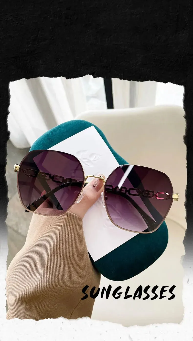 2024 New Polygon Metal Large Frame Small Fragrant Wind Sunglasses Plain Thin Sunshade Sunglasses