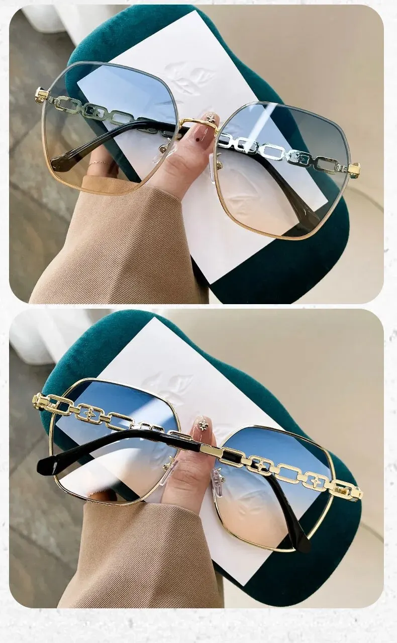 2024 New Polygon Metal Large Frame Small Fragrant Wind Sunglasses Plain Thin Sunshade Sunglasses