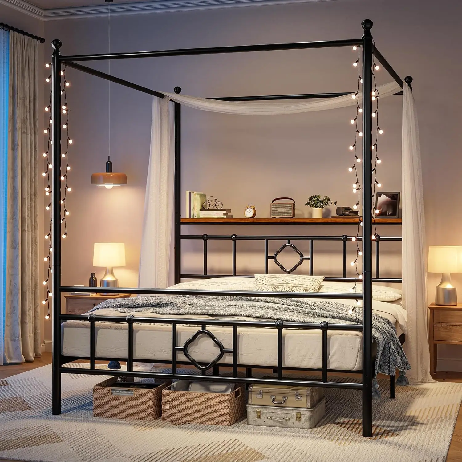 Full Size Canopy Bed Frame with Storage Headboard