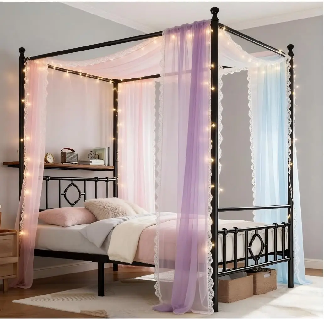 Full Size Canopy Bed Frame with Storage Headboard