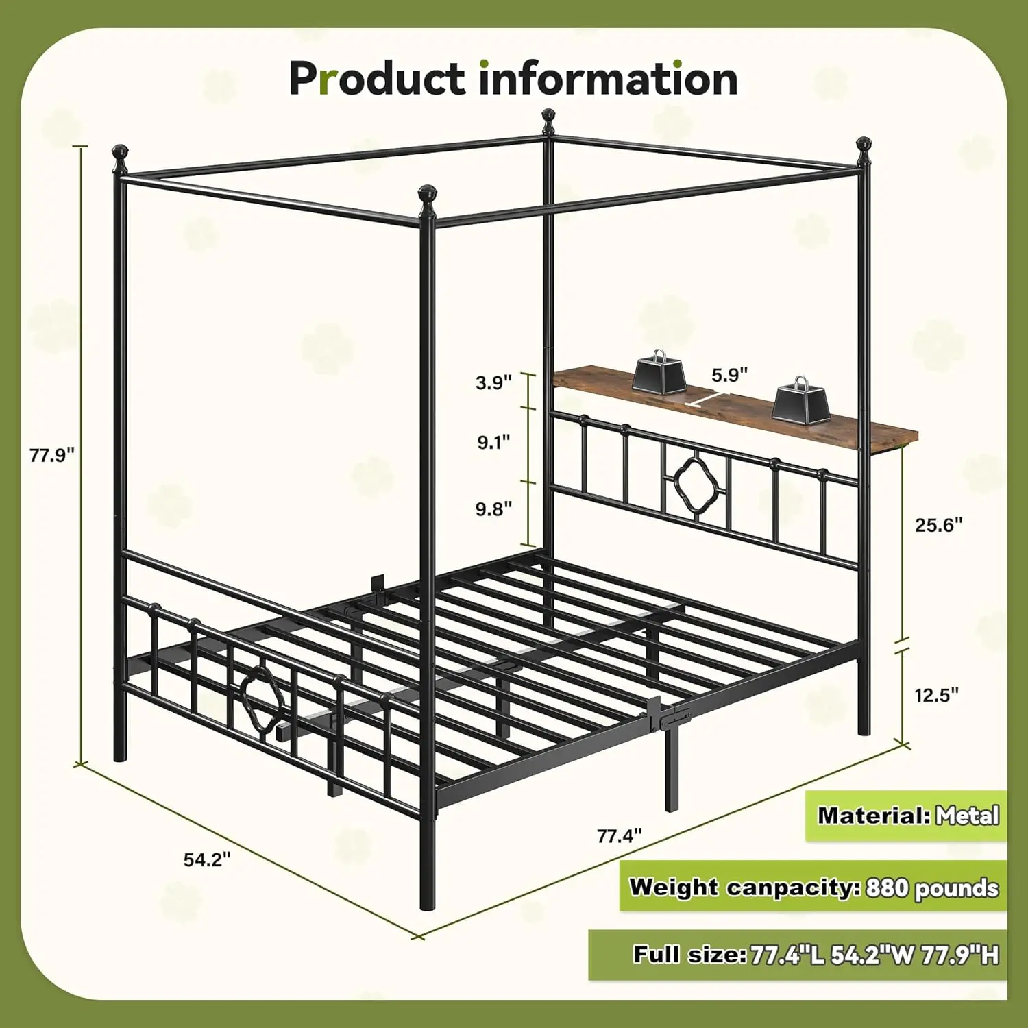 Full Size Canopy Bed Frame with Storage Headboard