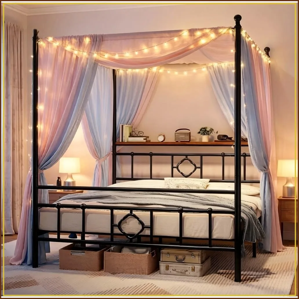 Full Size Canopy Bed Frame with Storage Headboard