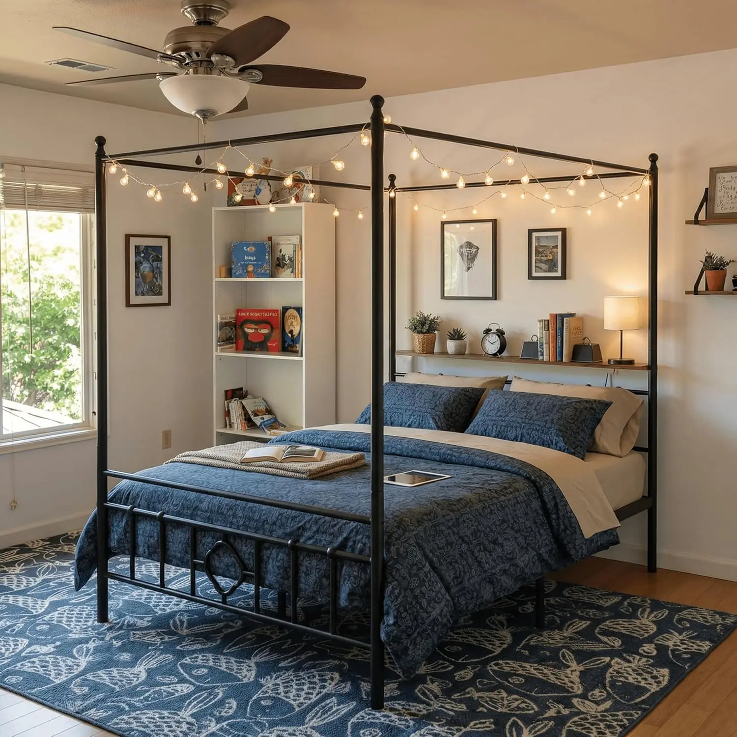 Full Size Canopy Bed Frame with Storage Headboard
