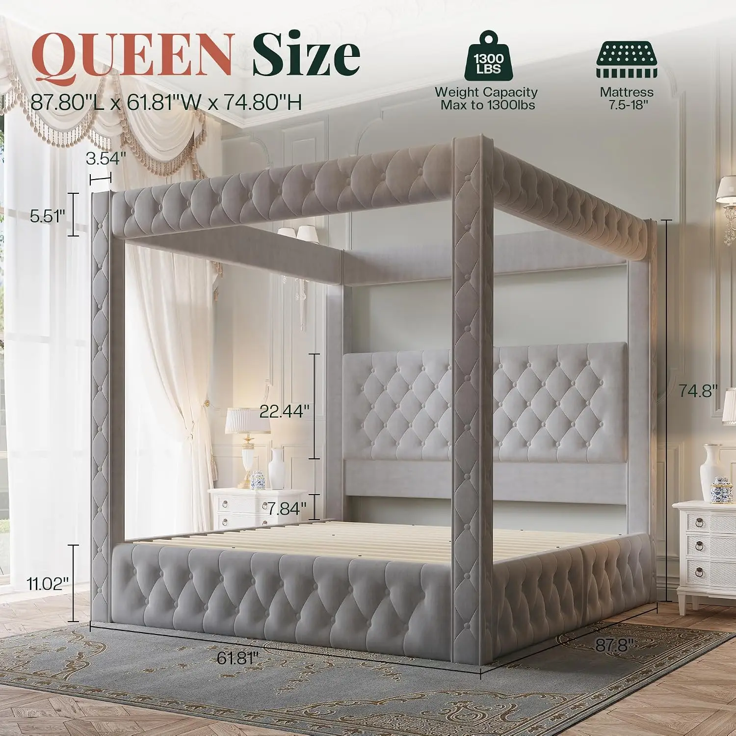 Velvet Canopy Bed Frame Queen Size with 74.8 Velvet Canopy Bed Frame Queen Size with 74.8