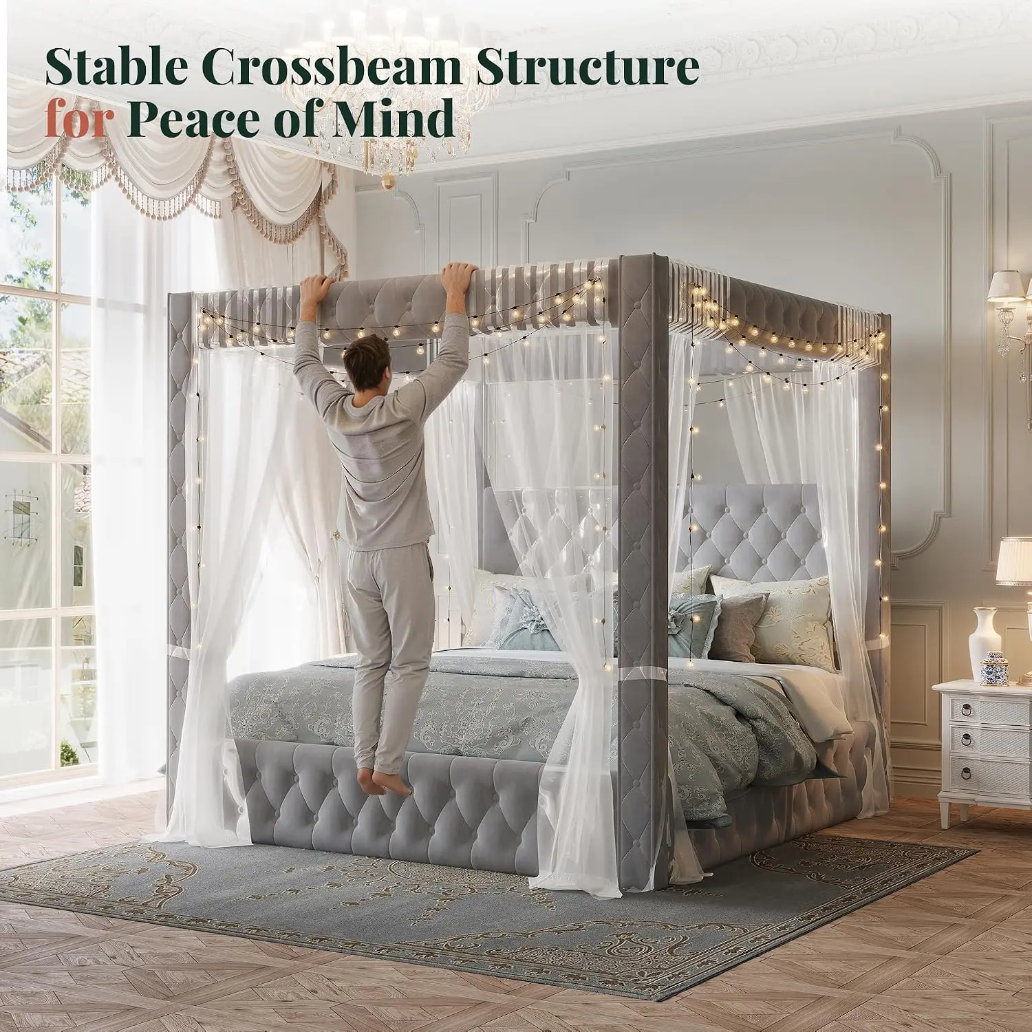 Velvet Canopy Bed Frame Queen Size with 74.8