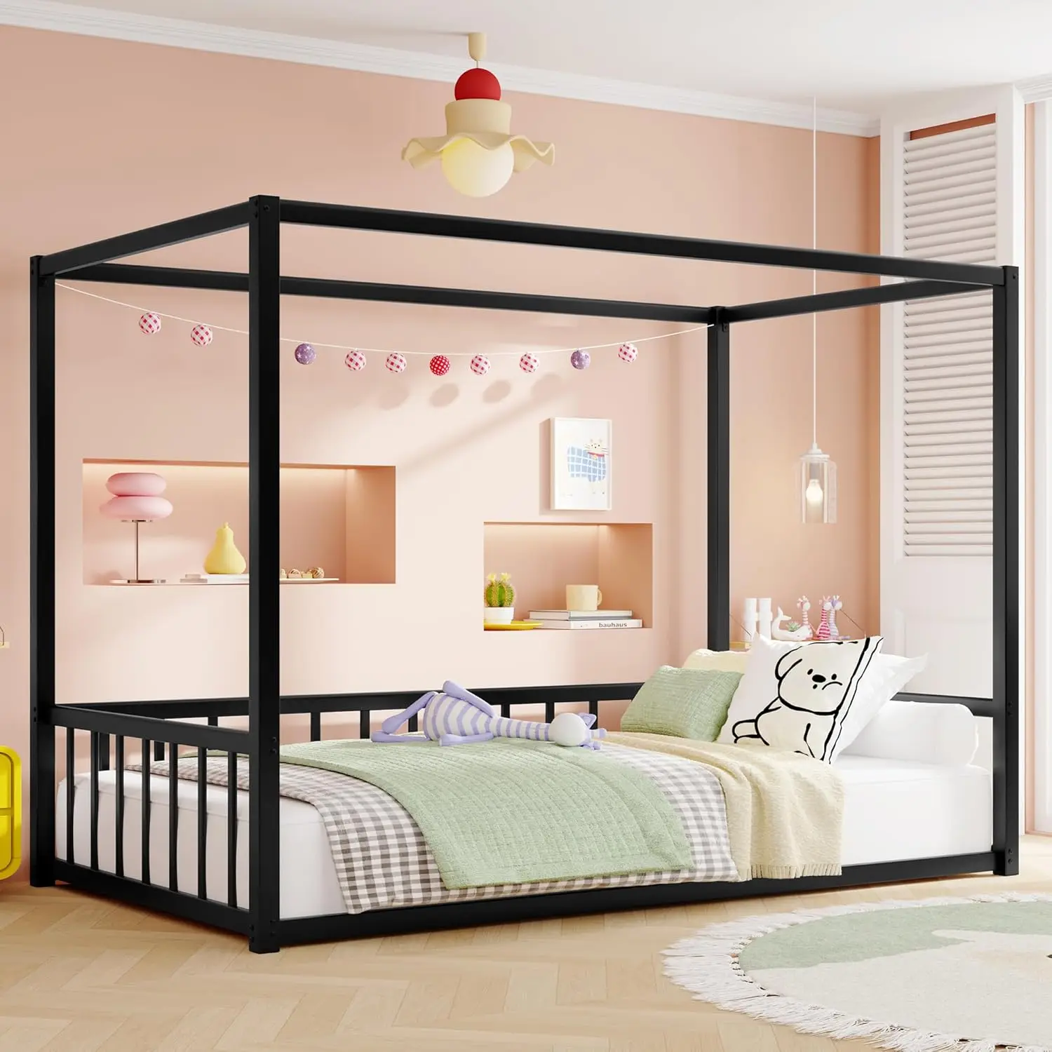 Twin Canopy Bed Frame 4-Poster Guardrails High Fence Anti-Bump Metal Floor Montessori Kids Bedroom Easy Assembly, Customized Twin Canopy Bed Frame 4-Poster Guardrails High Fence Anti-Bump Metal Floor Montessori Kids Bedroom Easy Assembly, Customized