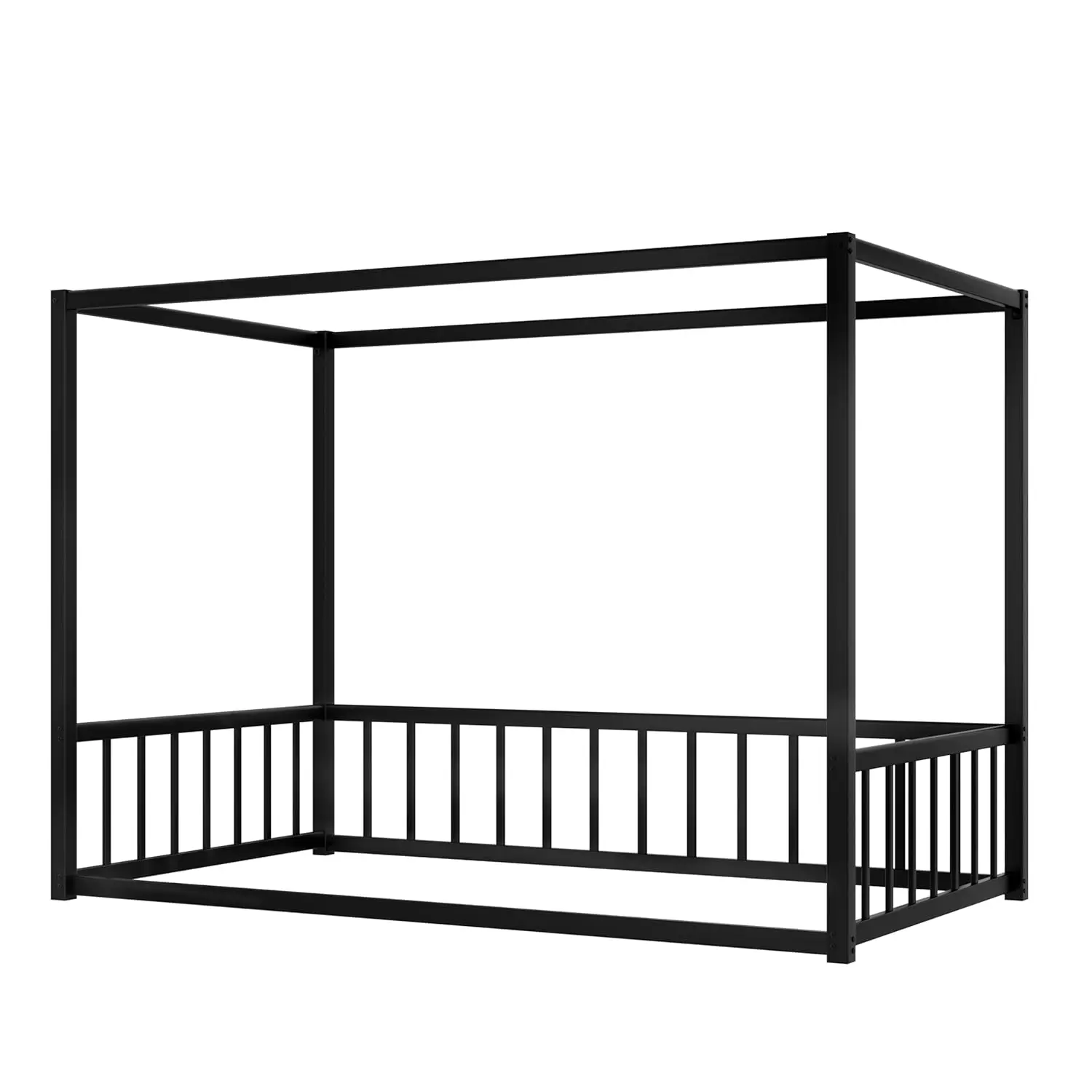 Twin Canopy Bed Frame 4-Poster Guardrails High Fence Anti-Bump Metal Floor Montessori Kids Bedroom Easy Assembly, Customized Twin Canopy Bed Frame 4-Poster Guardrails High Fence Anti-Bump Metal Floor Montessori Kids Bedroom Easy Assembly, Customized