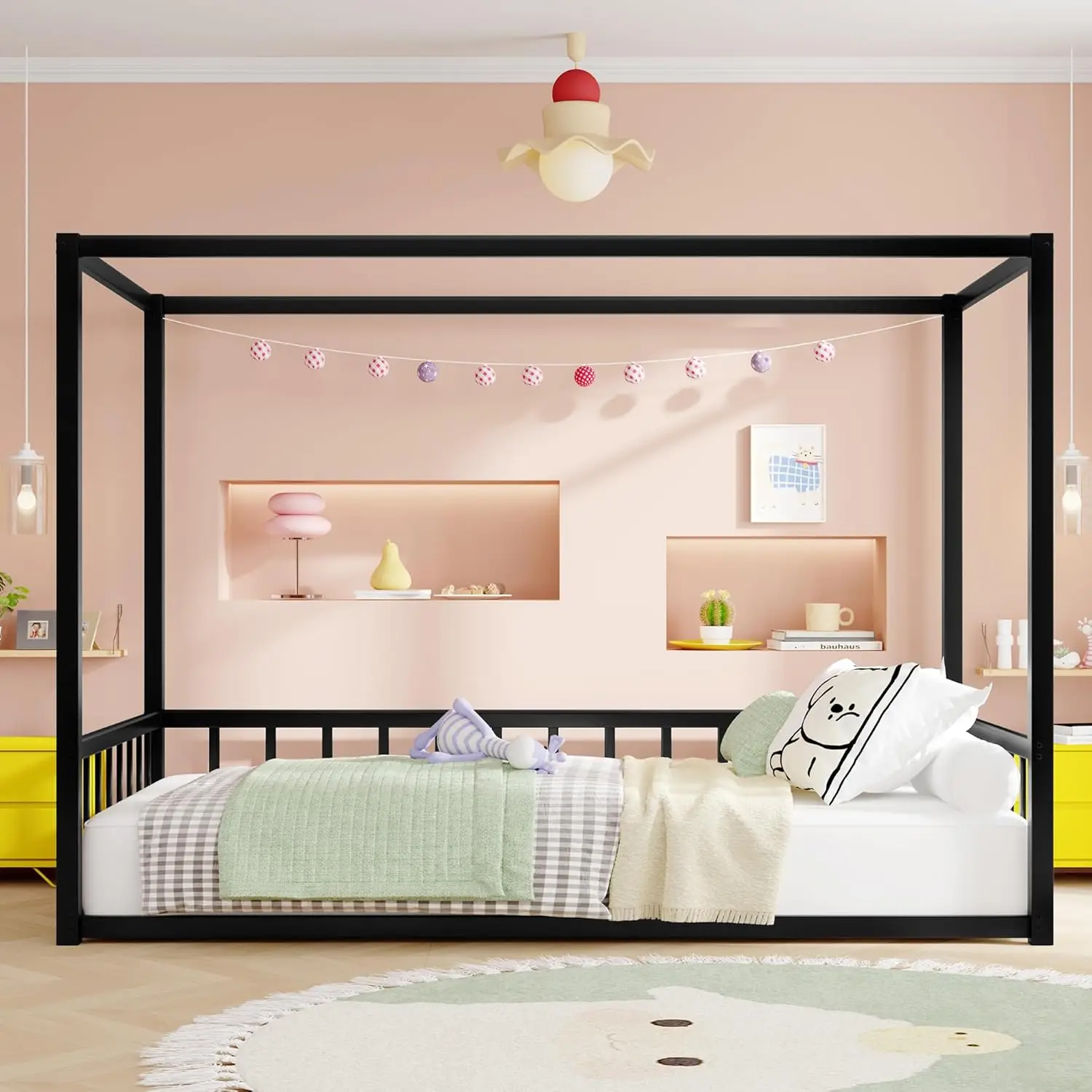 Twin Canopy Bed Frame 4-Poster Guardrails High Fence Anti-Bump Metal Floor Montessori Kids Bedroom Easy Assembly, Customized Twin Canopy Bed Frame 4-Poster Guardrails High Fence Anti-Bump Metal Floor Montessori Kids Bedroom Easy Assembly, Customized