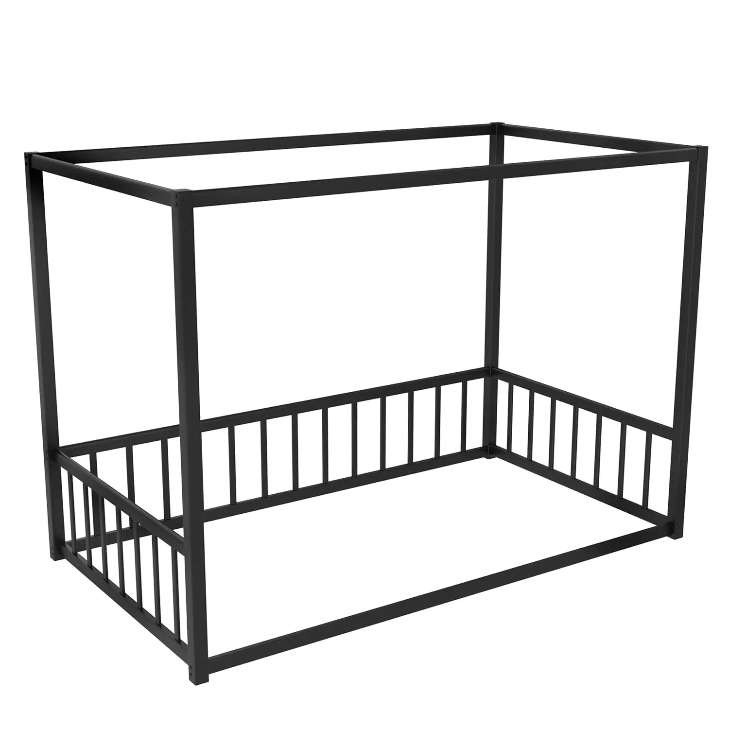 Twin Canopy Bed Frame 4-Poster Guardrails High Fence Anti-Bump Metal Floor Montessori Kids Bedroom Easy Assembly, Customized Twin Canopy Bed Frame 4-Poster Guardrails High Fence Anti-Bump Metal Floor Montessori Kids Bedroom Easy Assembly, Customized