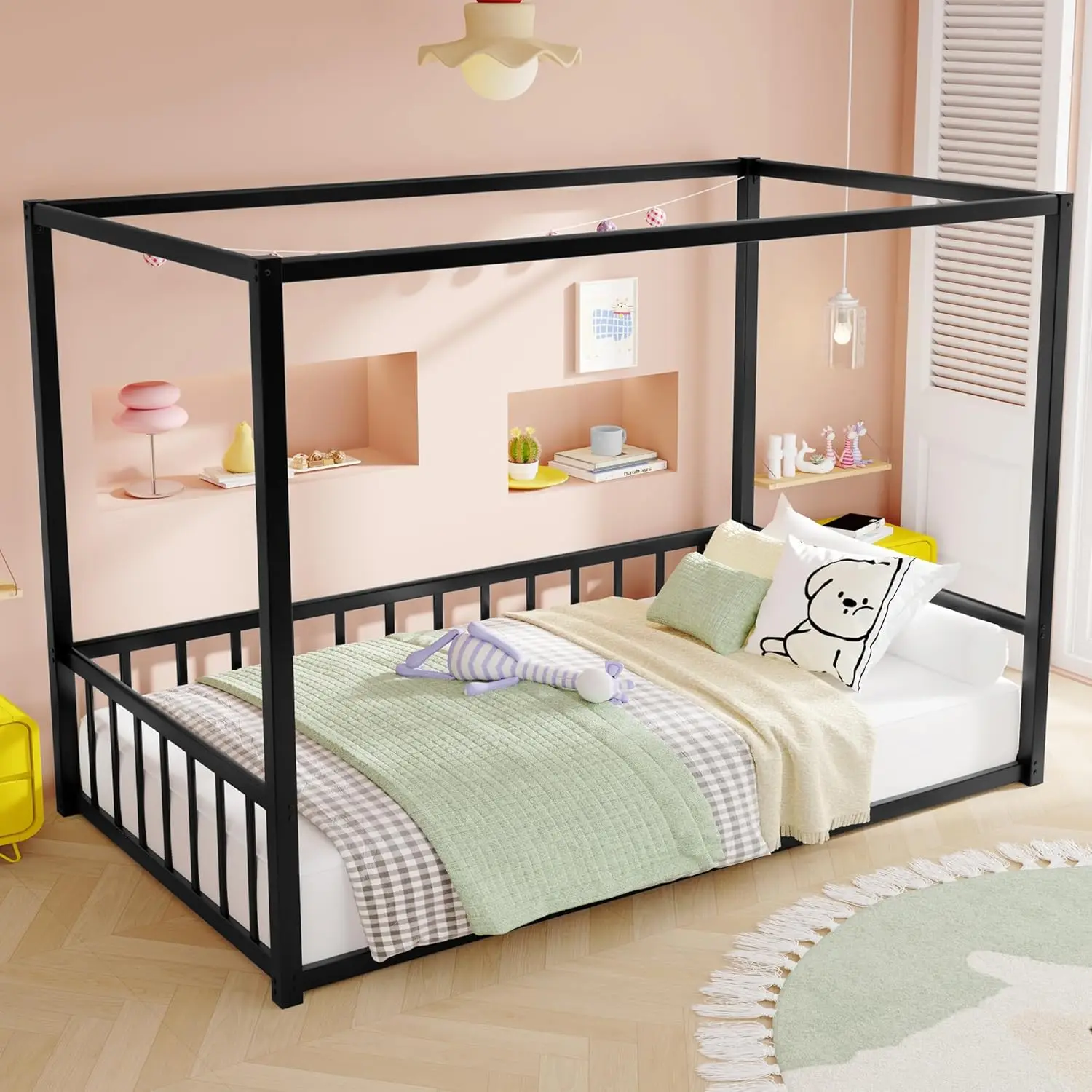 Twin Canopy Bed Frame 4-Poster Guardrails High Fence Anti-Bump Metal Floor Montessori Kids Bedroom Easy Assembly, Customized Twin Canopy Bed Frame 4-Poster Guardrails High Fence Anti-Bump Metal Floor Montessori Kids Bedroom Easy Assembly, Customized
