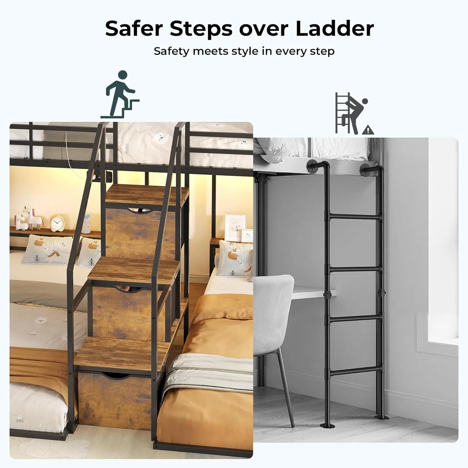 Triple Bunk Bed with Storage Staircase, RGB Lights & Charging Station Triple Bunk Bed with Storage Staircase, RGB Lights & Charging Station