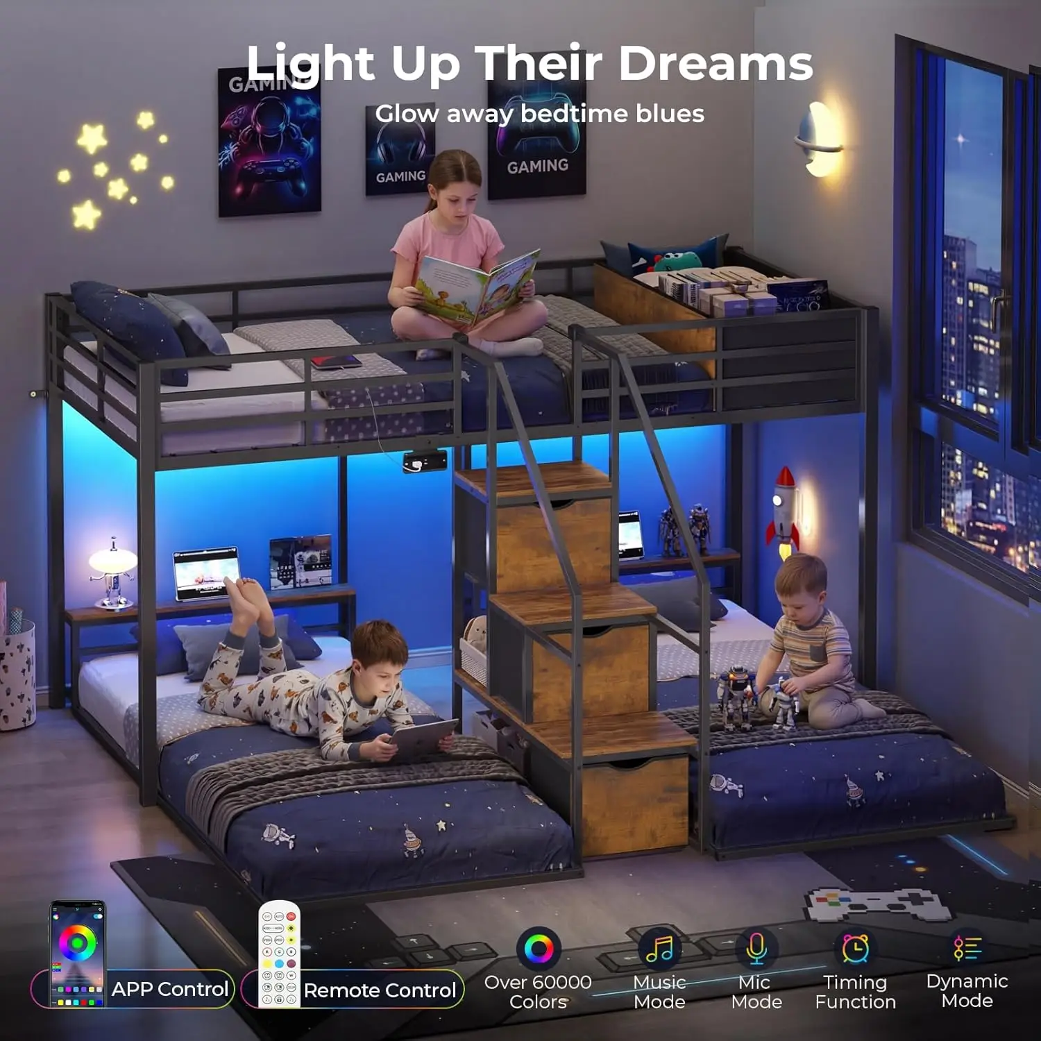 Triple Bunk Bed with Storage Staircase, RGB Lights & Charging Station Triple Bunk Bed with Storage Staircase, RGB Lights & Charging Station