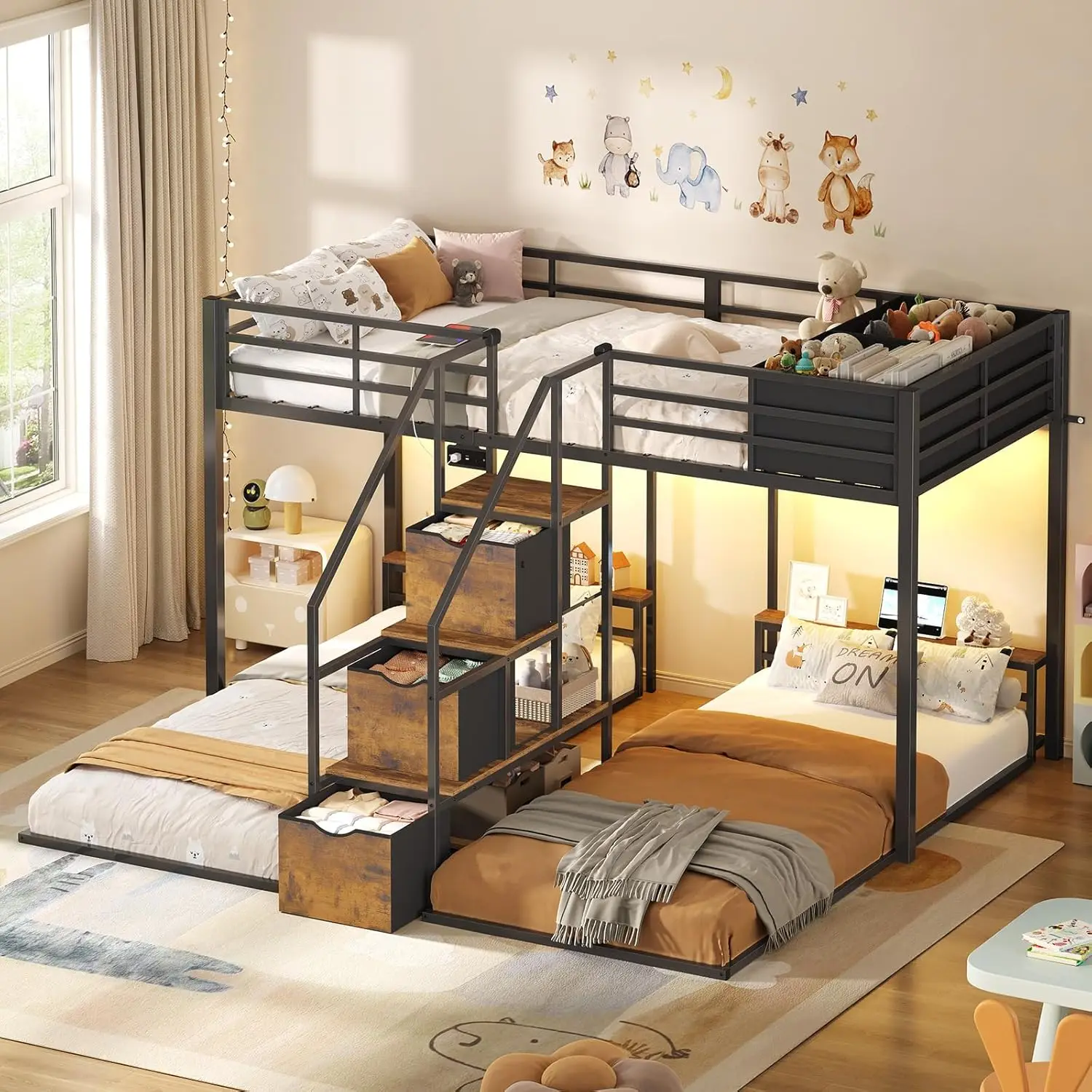 Triple Bunk Bed with Storage Staircase, RGB Lights & Charging Station Triple Bunk Bed with Storage Staircase, RGB Lights & Charging Station