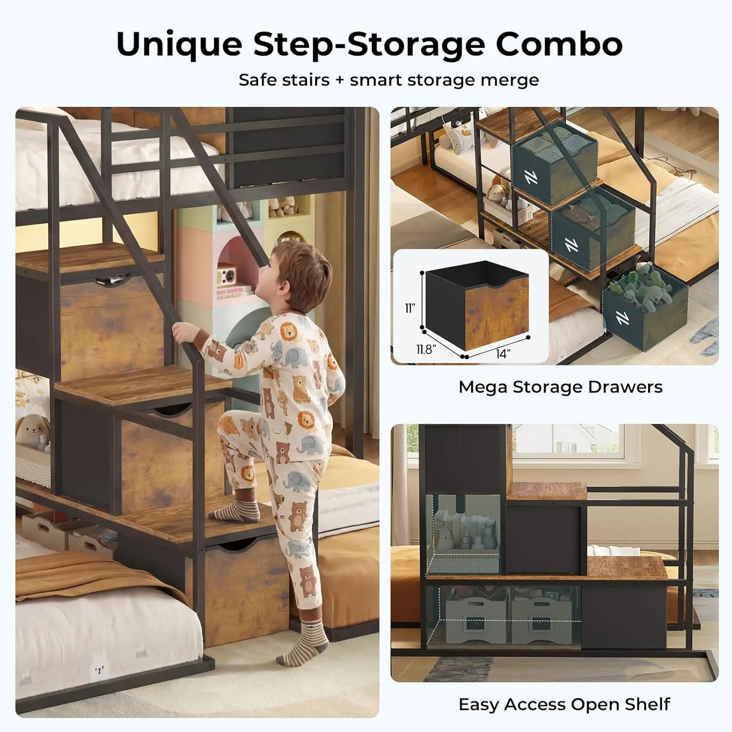 Triple Bunk Bed with Storage Staircase, RGB Lights & Charging Station Triple Bunk Bed with Storage Staircase, RGB Lights & Charging Station