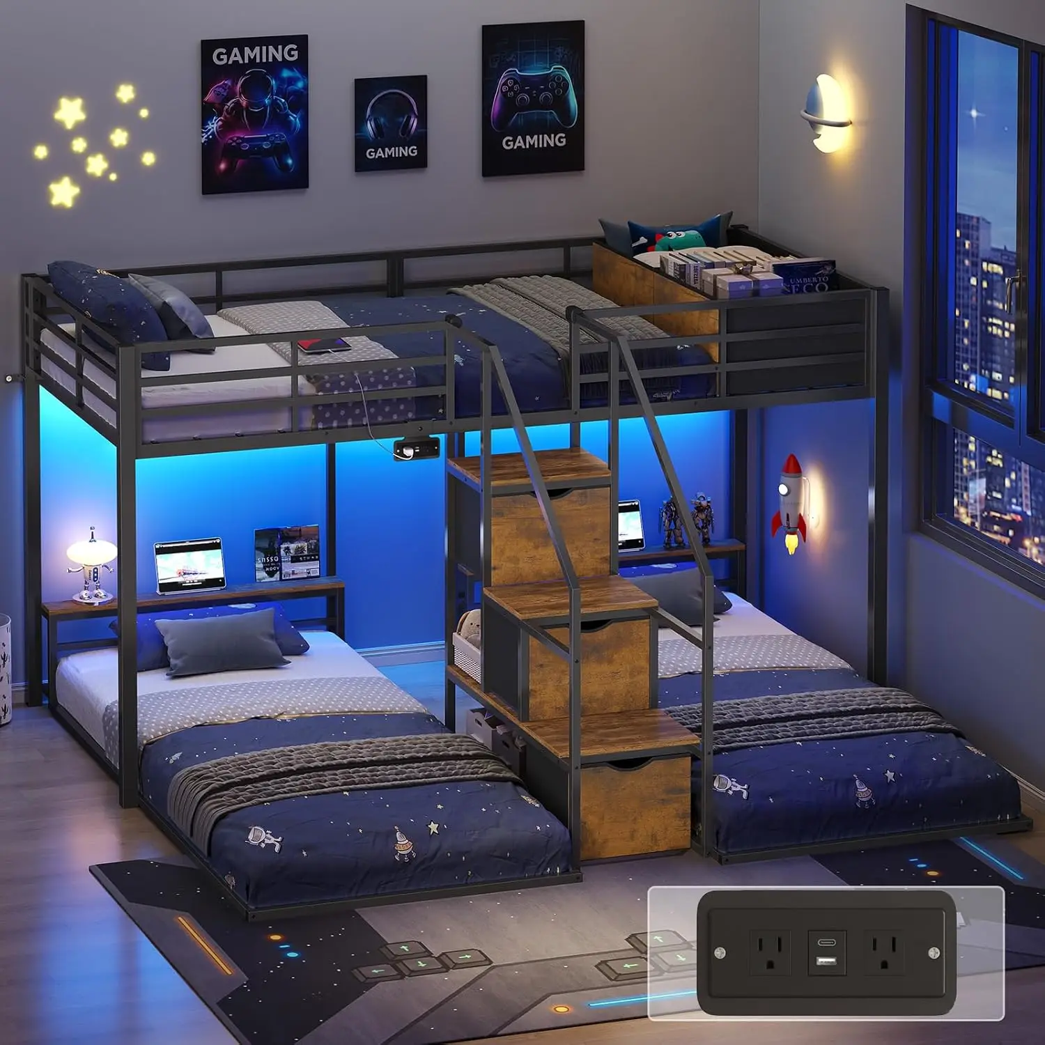 Triple Bunk Bed with Storage Staircase, RGB Lights & Charging Station Triple Bunk Bed with Storage Staircase, RGB Lights & Charging Station