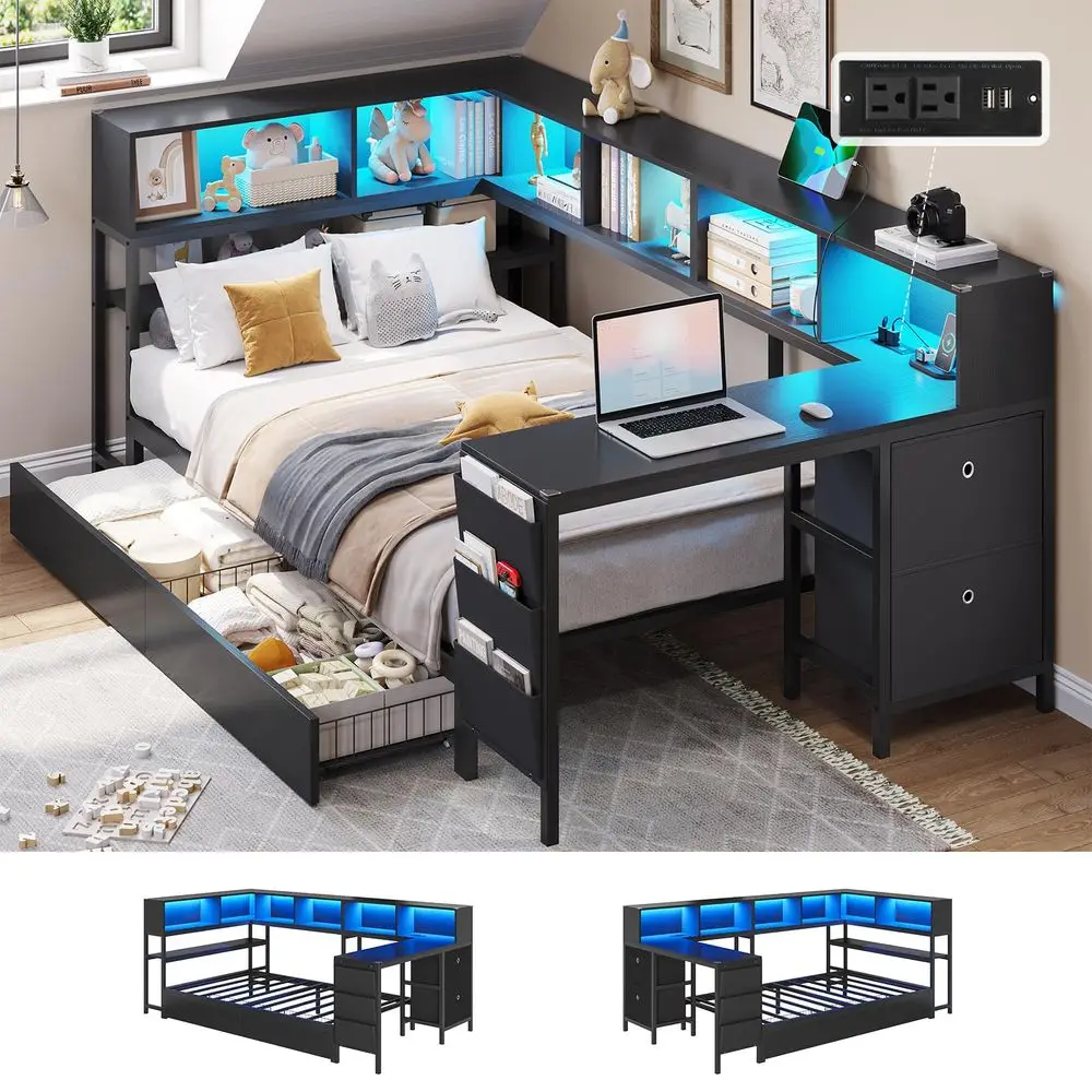 Corner Twin Bed Frame with Desk,Charging Station and Bookcase Corner Twin Bed Frame with Desk,Charging Station and Bookcase
