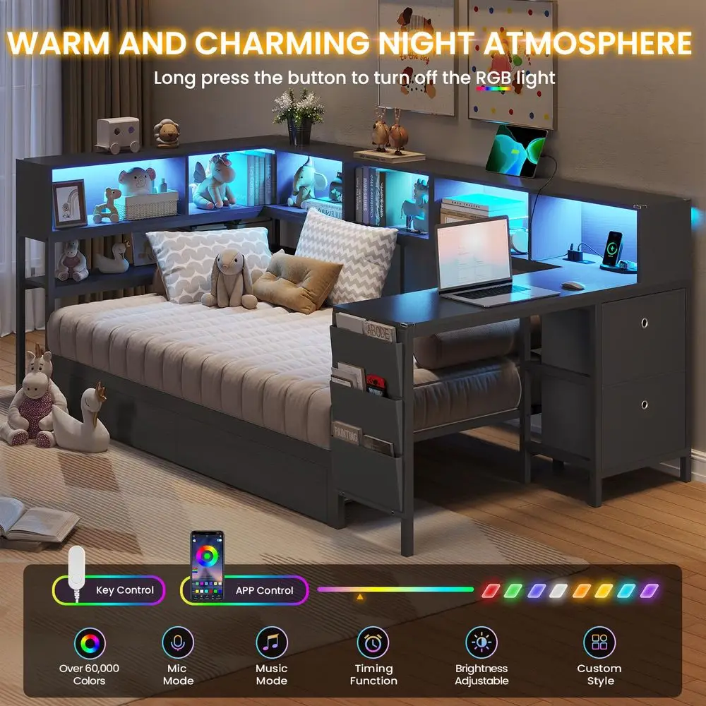 Corner Twin Bed Frame with Desk,Charging Station and Bookcase Corner Twin Bed Frame with Desk,Charging Station and Bookcase