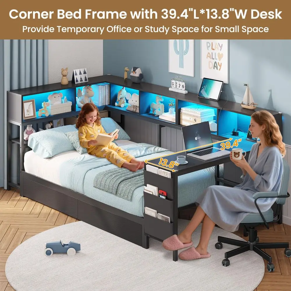 Corner Twin Bed Frame with Desk,Charging Station and Bookcase Corner Twin Bed Frame with Desk,Charging Station and Bookcase
