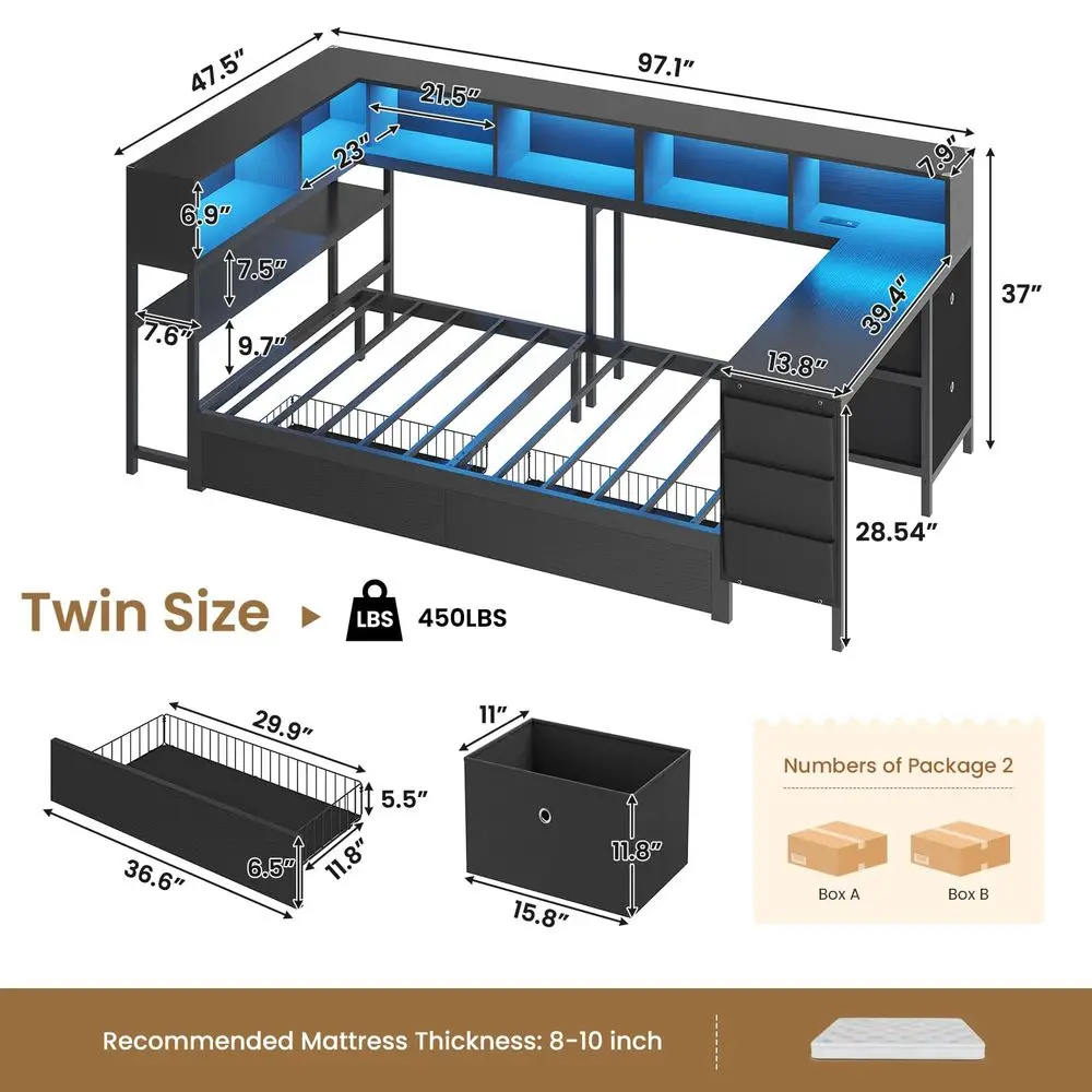Corner Twin Bed Frame with Desk,Charging Station and Bookcase Corner Twin Bed Frame with Desk,Charging Station and Bookcase