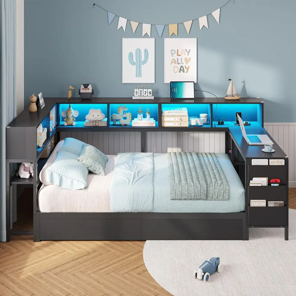 Corner Twin Bed Frame with Desk,Charging Station and Bookcase Corner Twin Bed Frame with Desk,Charging Station and Bookcase