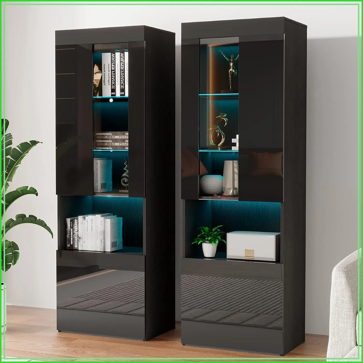 2-Pack 71in Tall Bookcase with Glass Doors, LED Display Cabinet, 5-Tier Storage, Black 2-Pack 71in Tall Bookcase with Glass Doors, LED Display Cabinet, 5-Tier Storage, Black