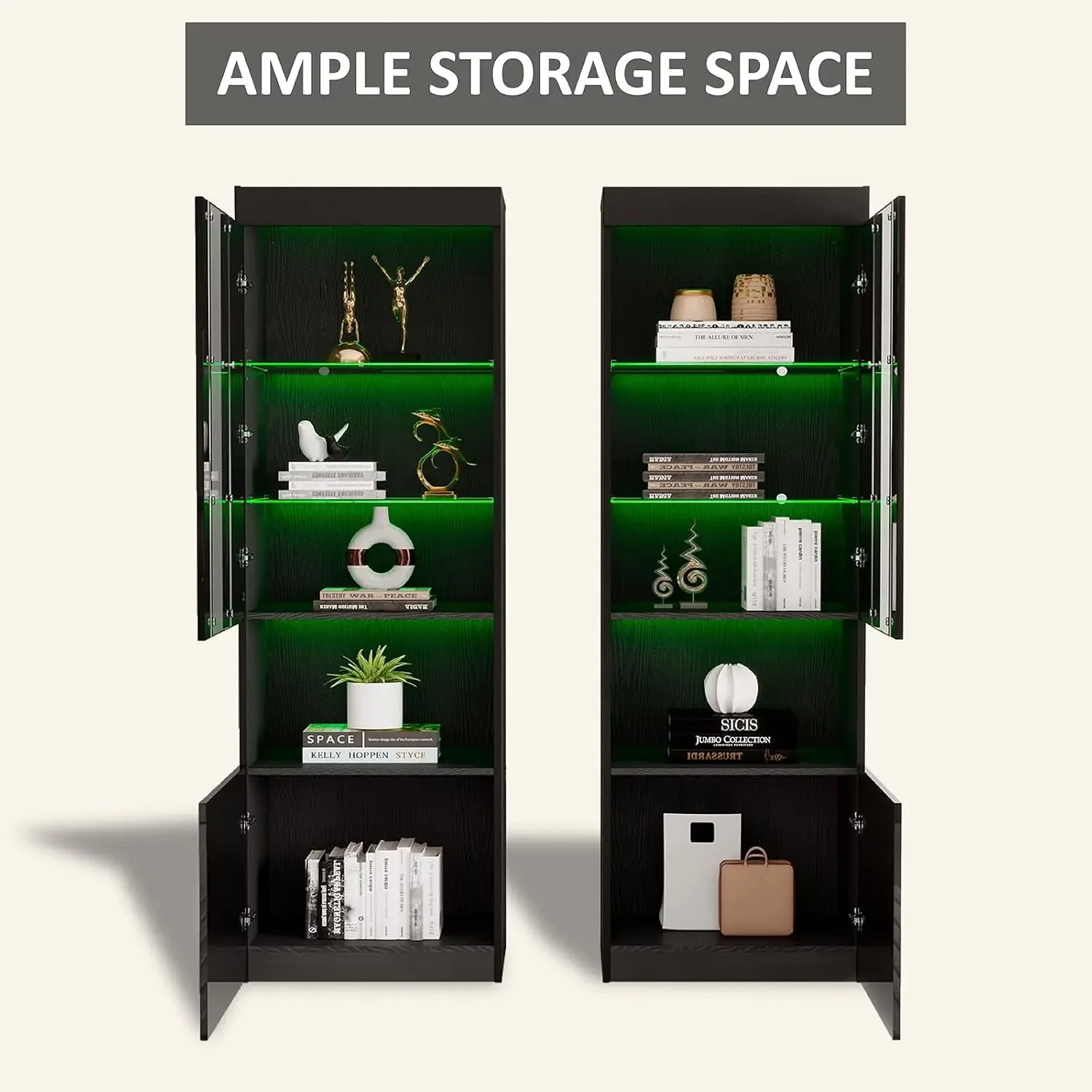 2-Pack 71in Tall Bookcase with Glass Doors, LED Display Cabinet, 5-Tier Storage, Black 2-Pack 71in Tall Bookcase with Glass Doors, LED Display Cabinet, 5-Tier Storage, Black