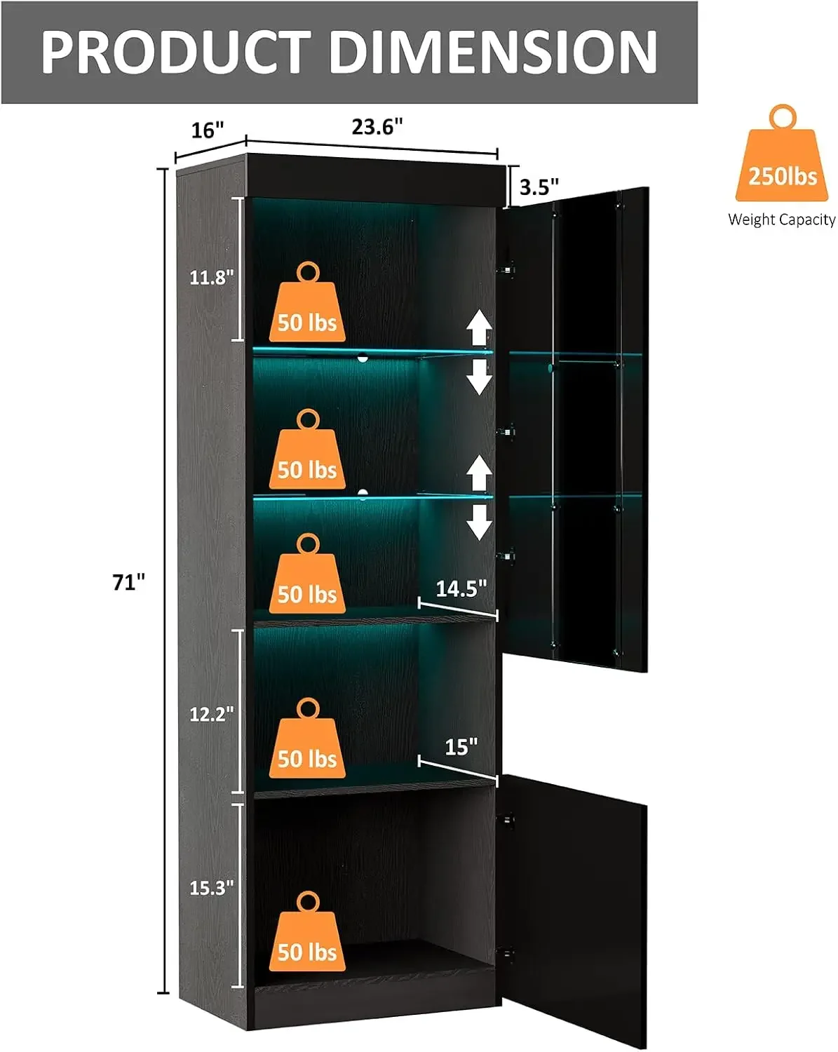 2-Pack 71in Tall Bookcase with Glass Doors, LED Display Cabinet, 5-Tier Storage, Black 2-Pack 71in Tall Bookcase with Glass Doors, LED Display Cabinet, 5-Tier Storage, Black