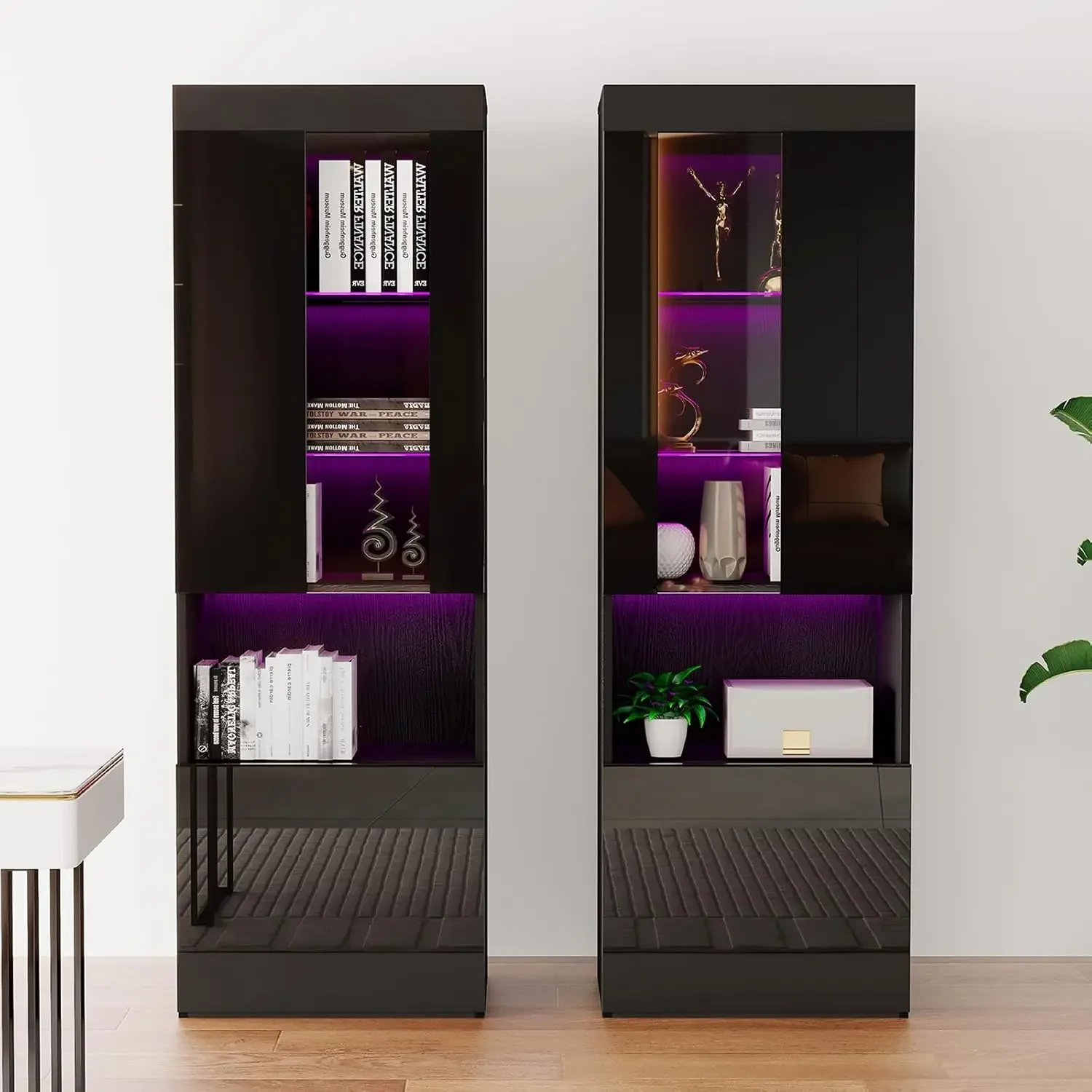2-Pack 71in Tall Bookcase with Glass Doors, LED Display Cabinet, 5-Tier Storage, Black 2-Pack 71in Tall Bookcase with Glass Doors, LED Display Cabinet, 5-Tier Storage, Black