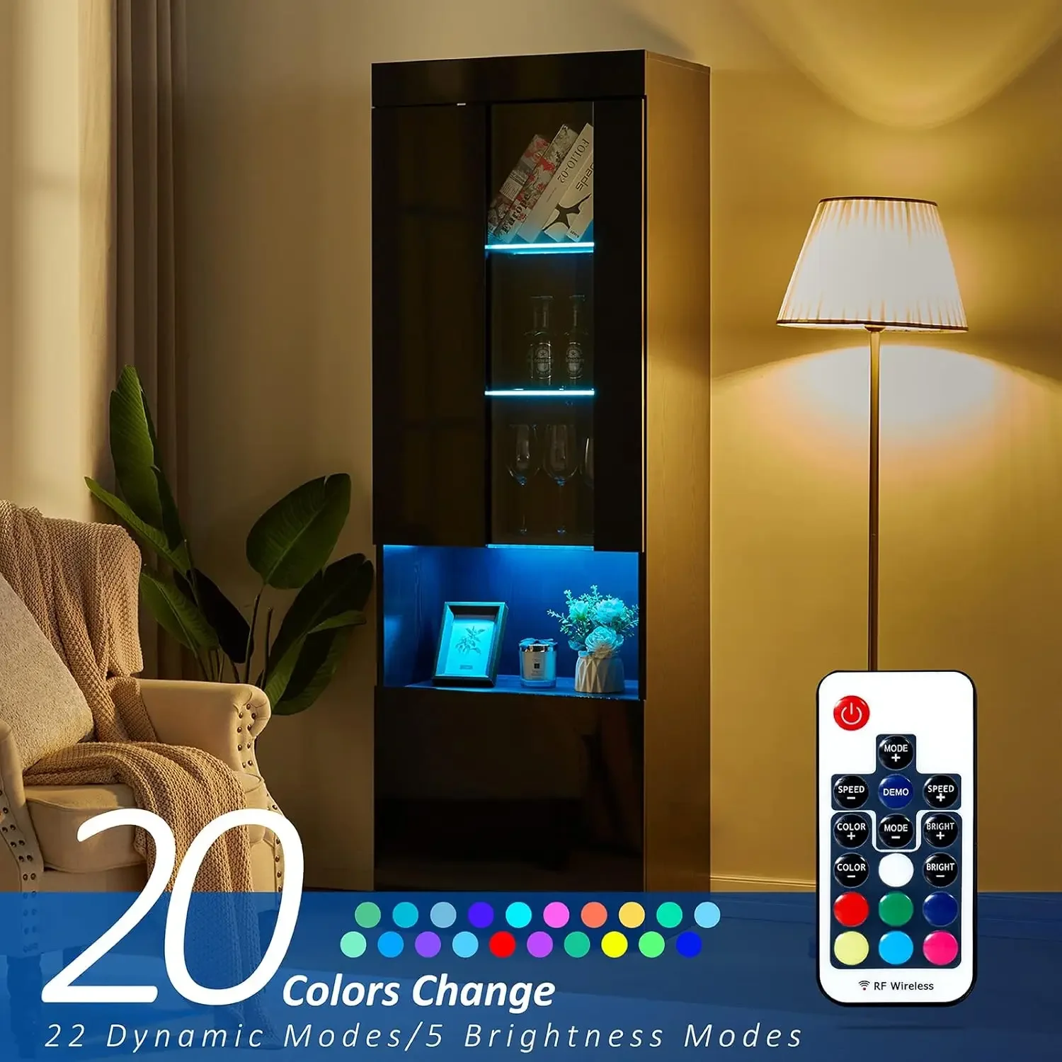 2-Pack 71in Tall Bookcase with Glass Doors, LED Display Cabinet, 5-Tier Storage, Black 2-Pack 71in Tall Bookcase with Glass Doors, LED Display Cabinet, 5-Tier Storage, Black