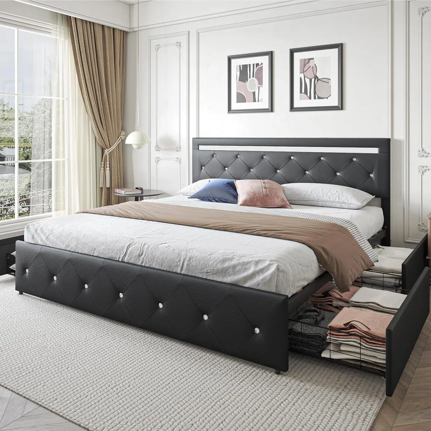 Queen Size Bed Frame with LED Light and Storage Drawers