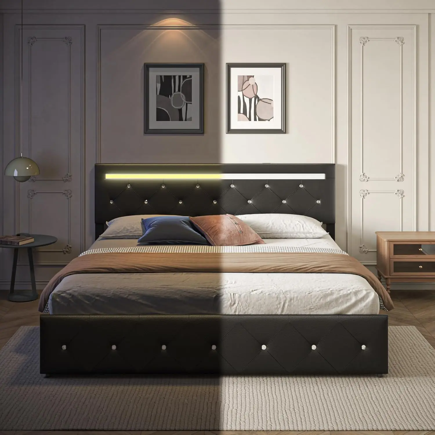 Queen Size Bed Frame with LED Light and Storage Drawers