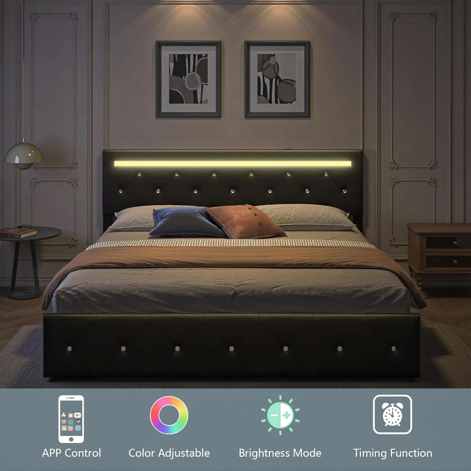 Queen Size Bed Frame with LED Light and Storage Drawers