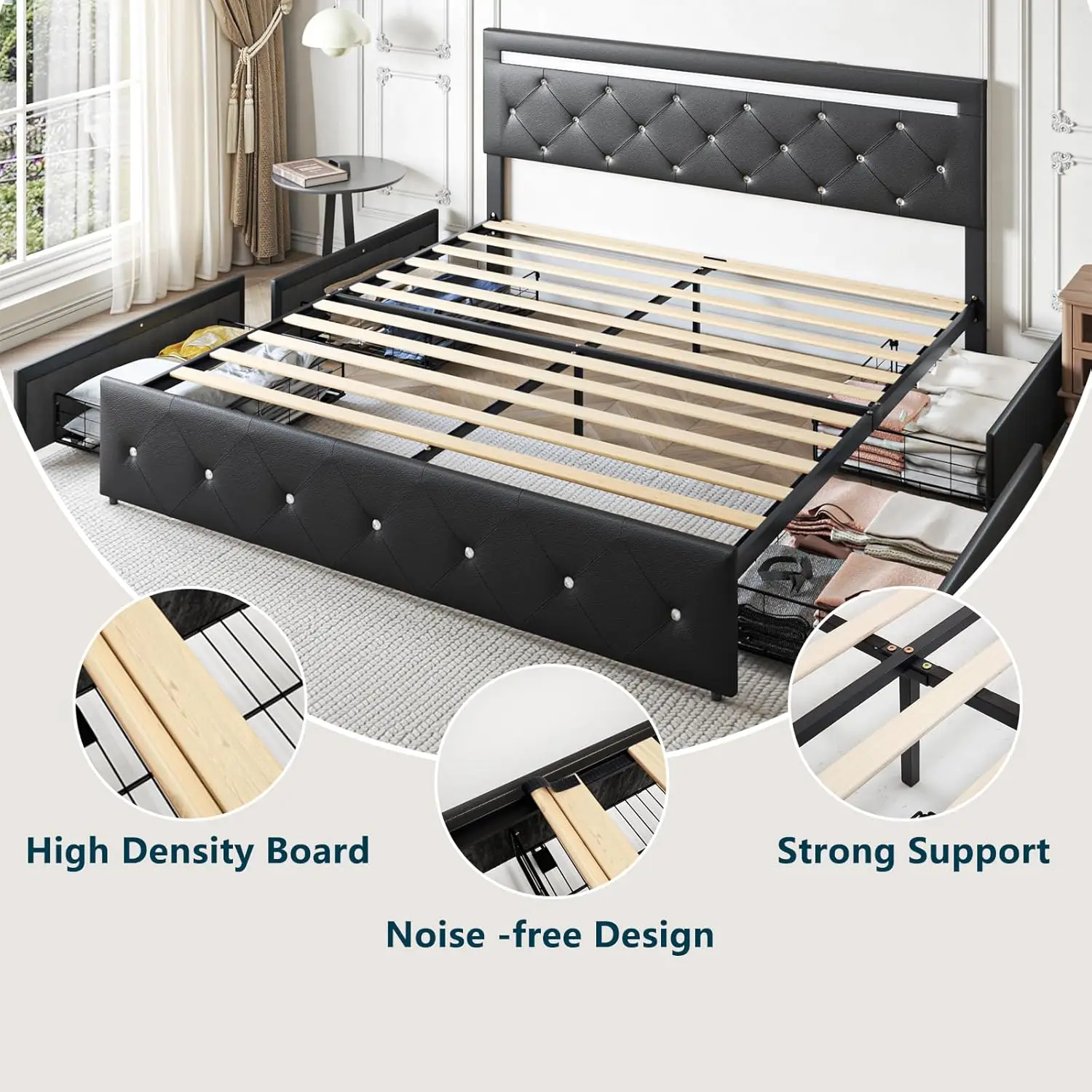 Queen Size Bed Frame with LED Light and Storage Drawers