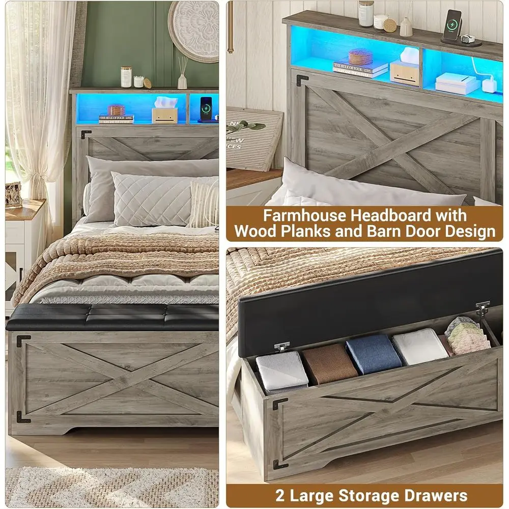 Queen Size Farmhouse Bed Frame with Storage Ottoman