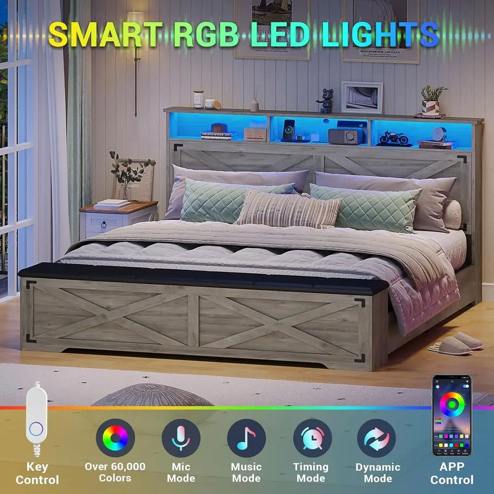 Queen Size Farmhouse Bed Frame with Storage Ottoman