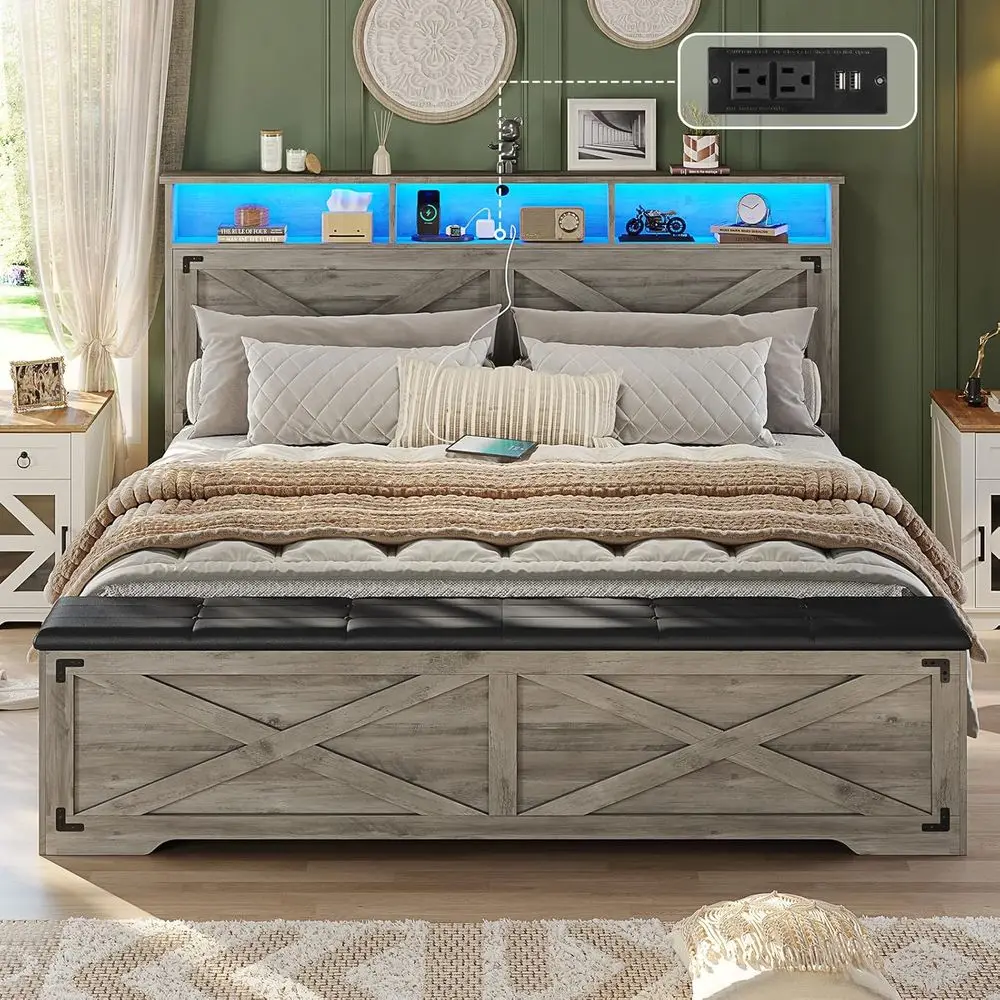 Queen Size Farmhouse Bed Frame with Storage Ottoman