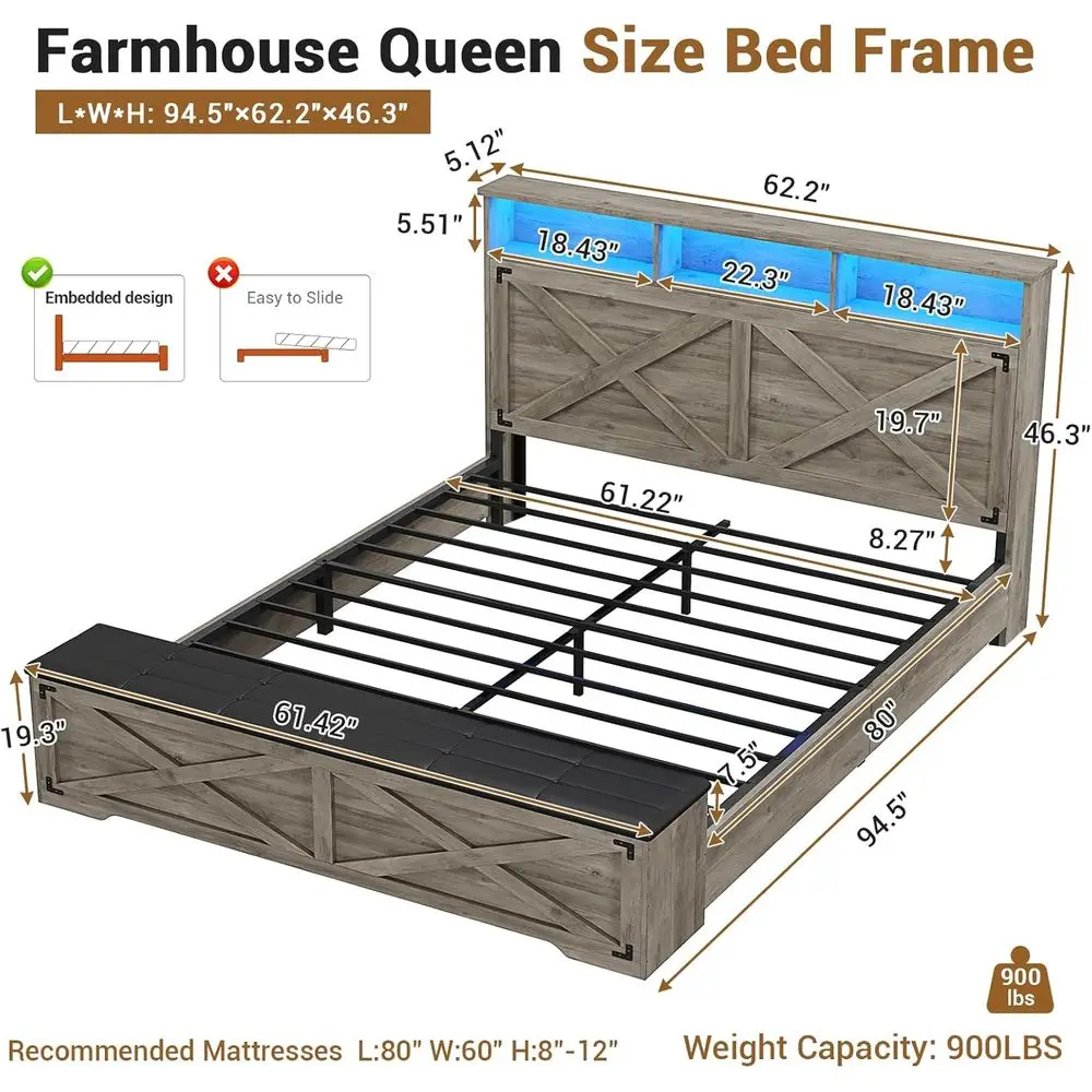 Queen Size Farmhouse Bed Frame with Storage Ottoman
