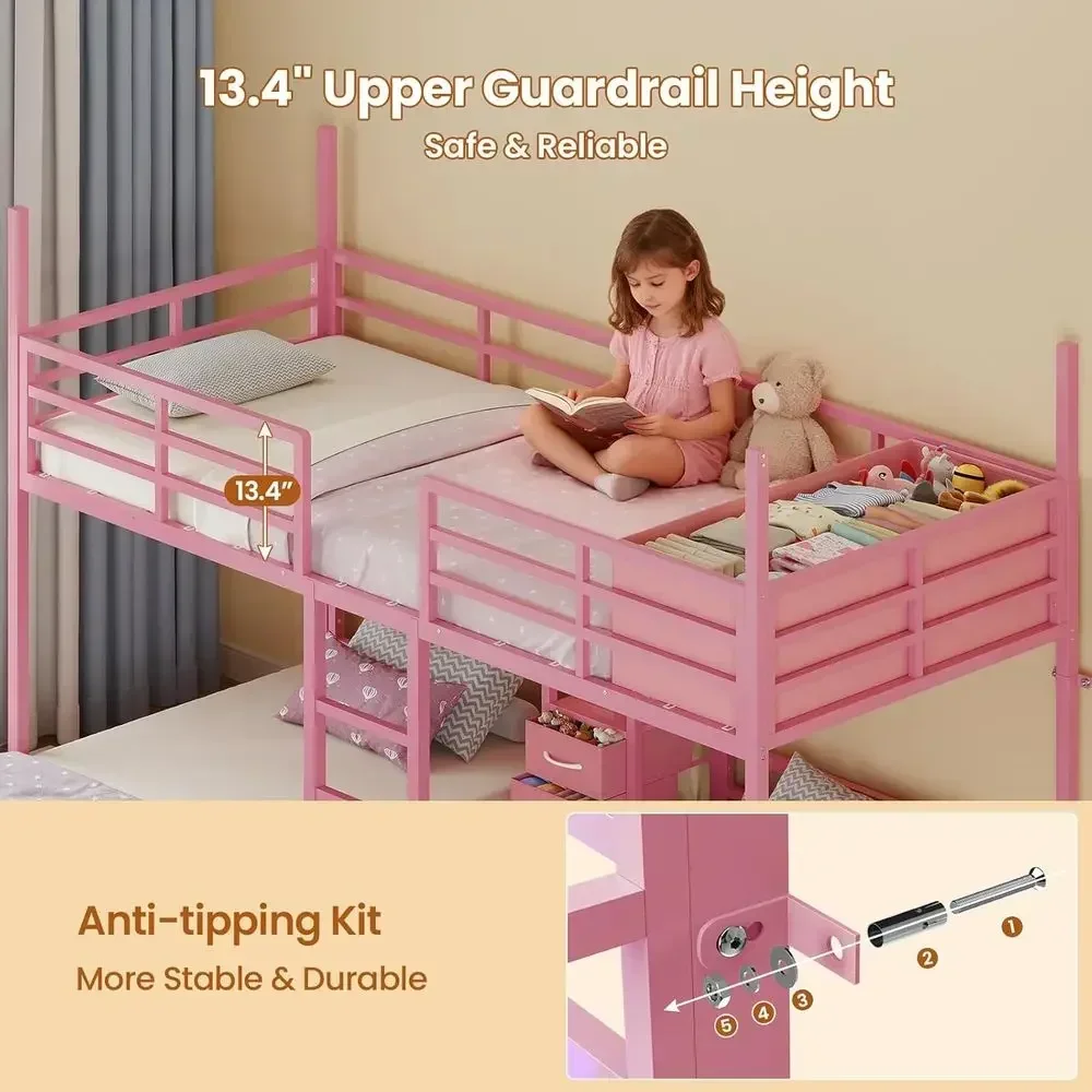 Triple Bunk Bed Twin Size with Playhouse, 4 Drawers, Charging Station