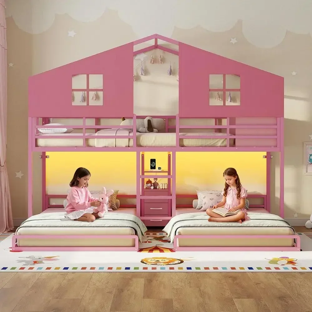 Triple Bunk Bed Twin Size with Playhouse, 4 Drawers, Charging Station