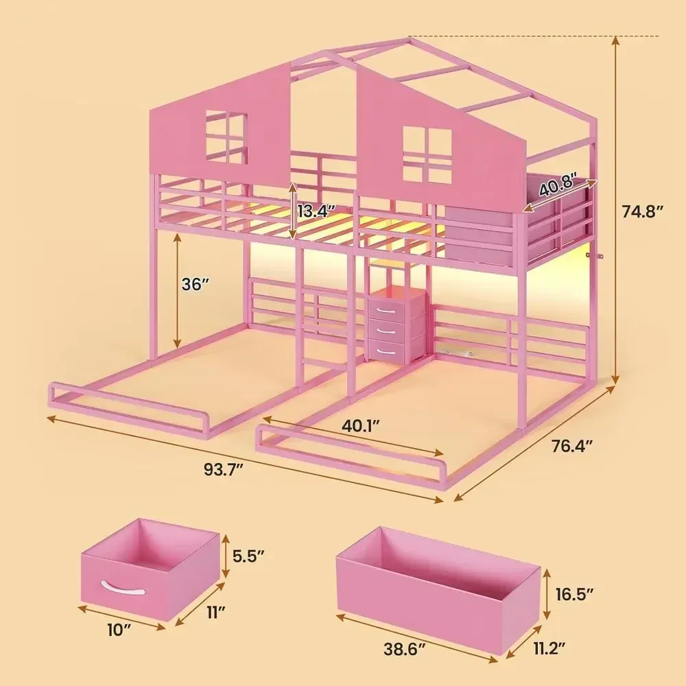 Triple Bunk Bed Twin Size with Playhouse, 4 Drawers, Charging Station