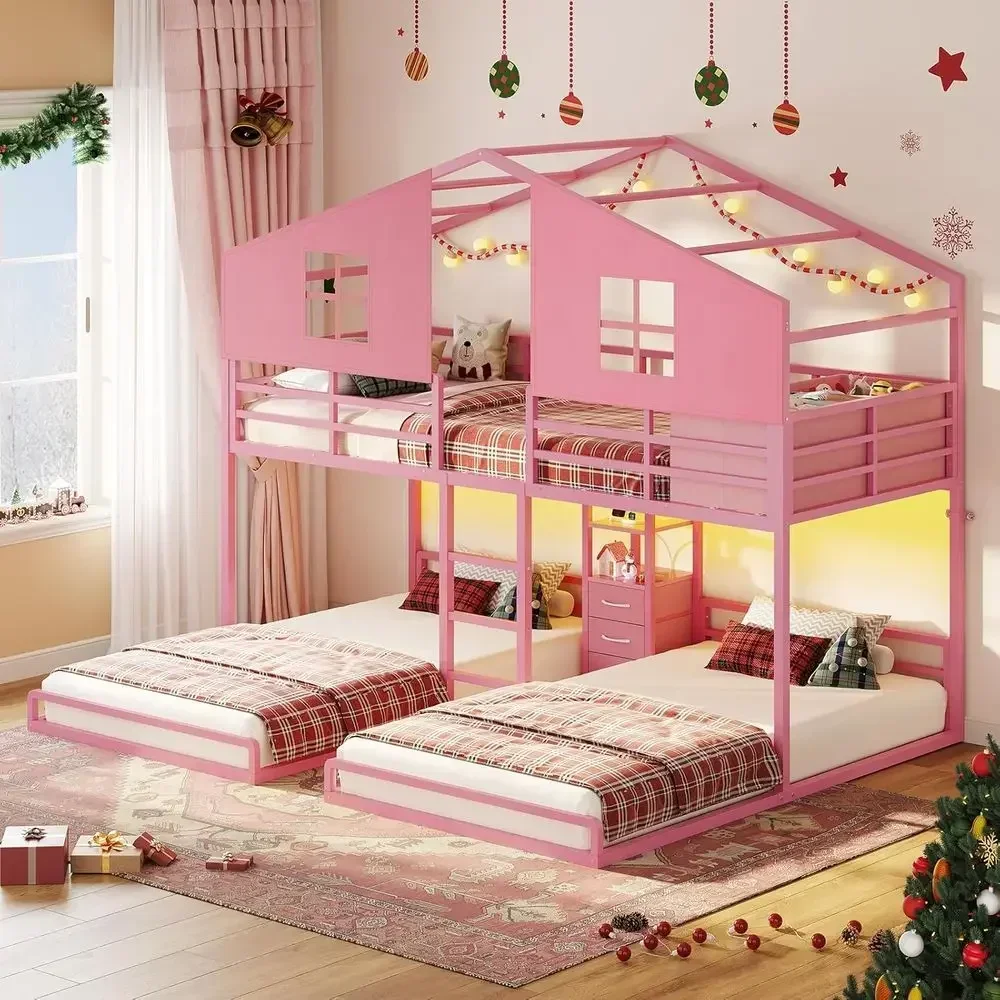 Triple Bunk Bed Twin Size with Playhouse, 4 Drawers, Charging Station