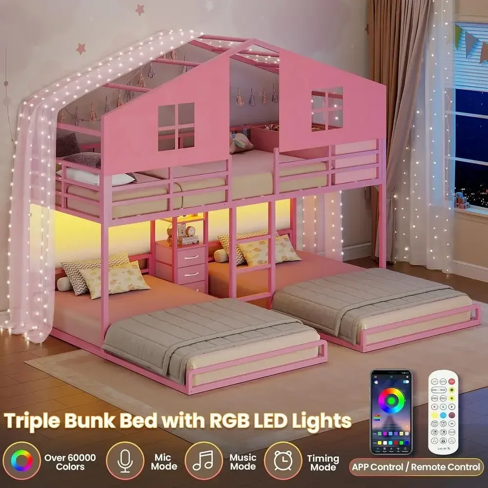 Triple Bunk Bed Twin Size with Playhouse, 4 Drawers, Charging Station