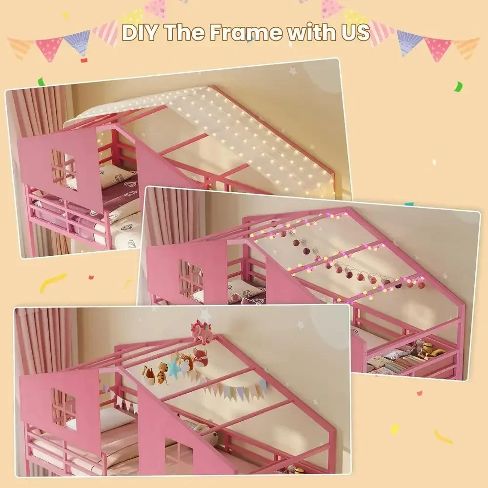Triple Bunk Bed Twin Size with Playhouse, 4 Drawers, Charging Station