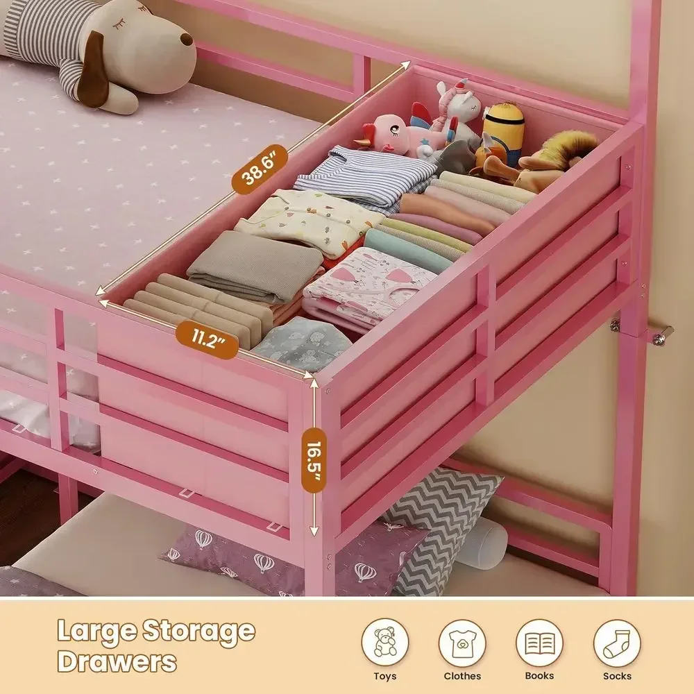 Triple Bunk Bed Twin Size with Playhouse, 4 Drawers, Charging Station