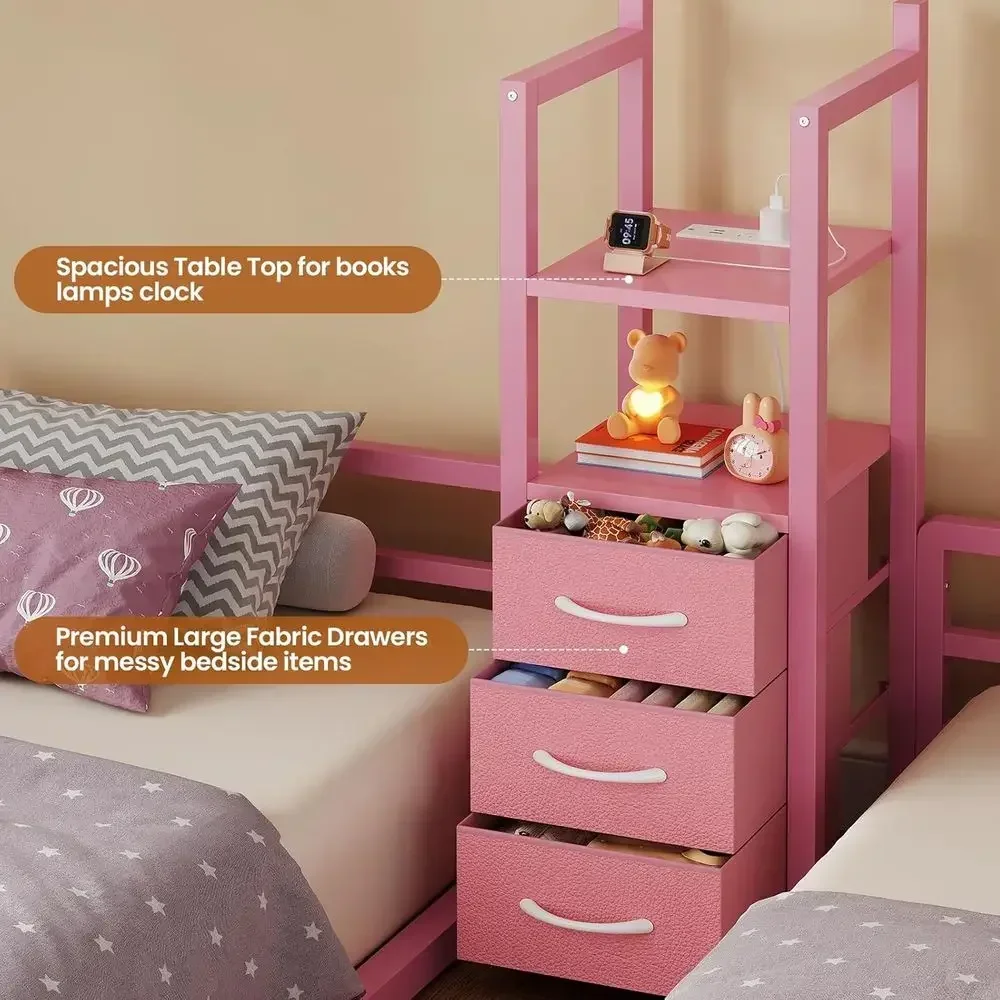 Triple Bunk Bed Twin Size with Playhouse, 4 Drawers, Charging Station